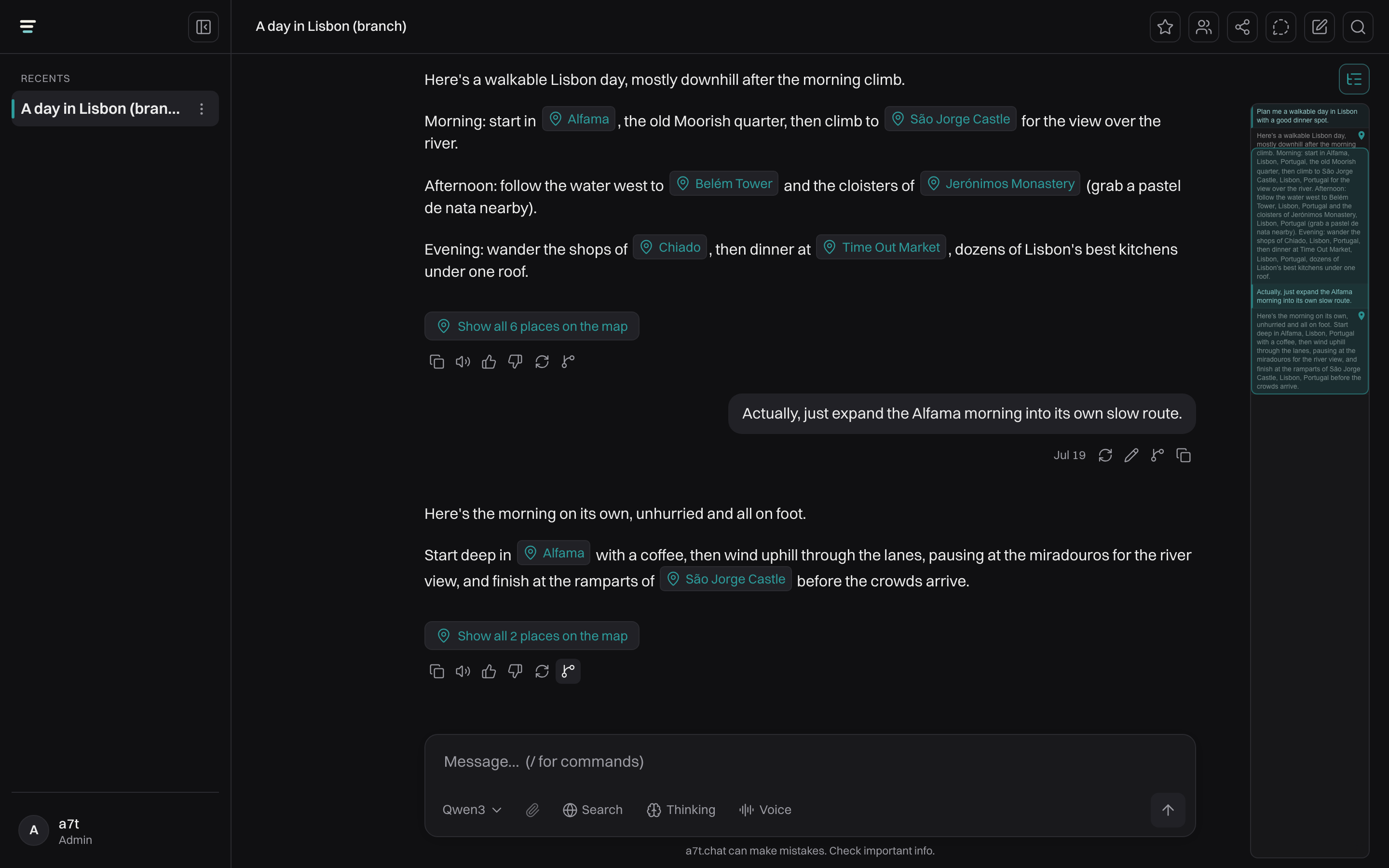 a7t.chat branching a conversation from a chosen message into a fresh chat that carries the earlier context, with the original conversation left in place.