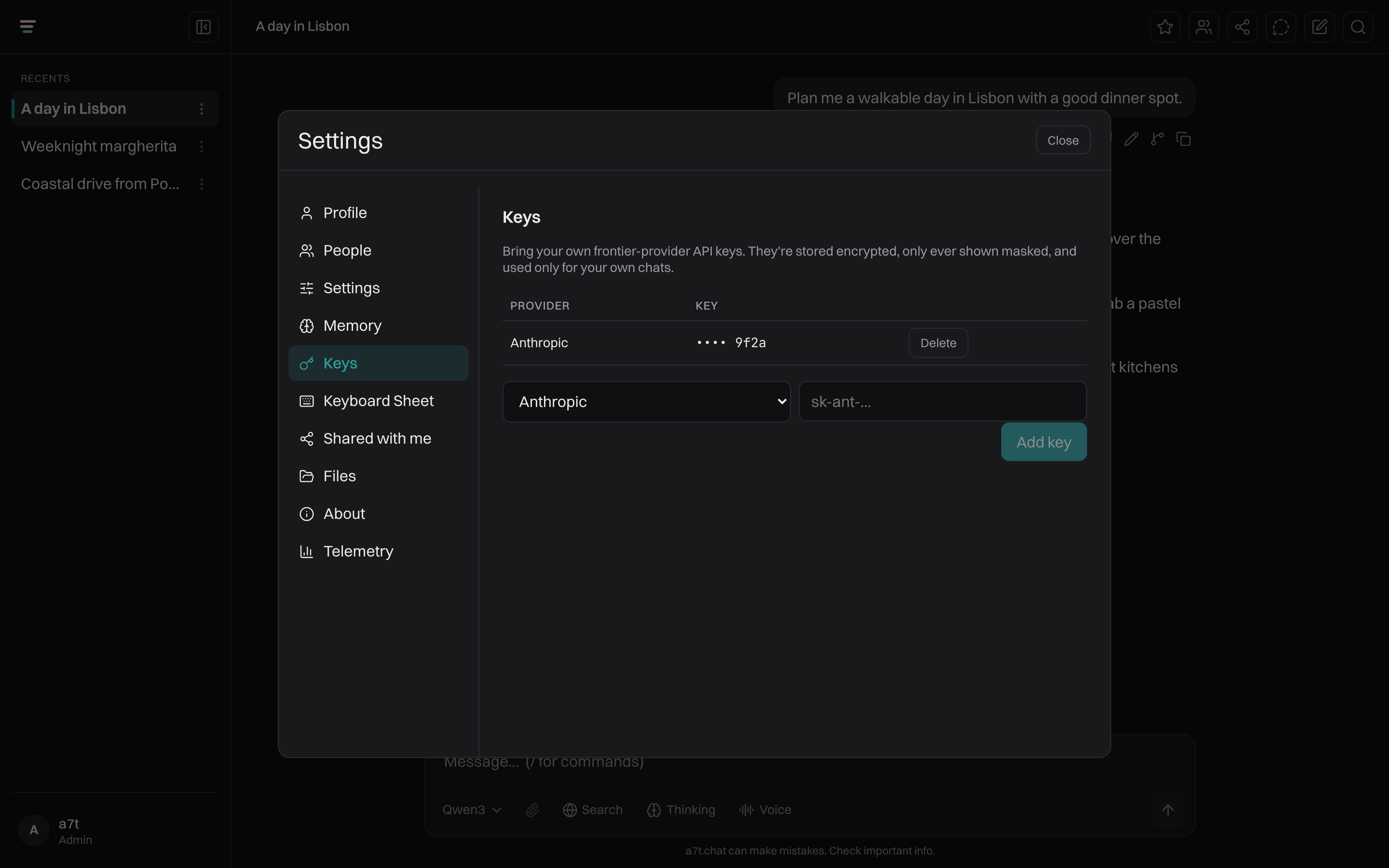 a7t.chat's settings screen for adding a frontier API key, with fields for an OpenAI or Anthropic key.