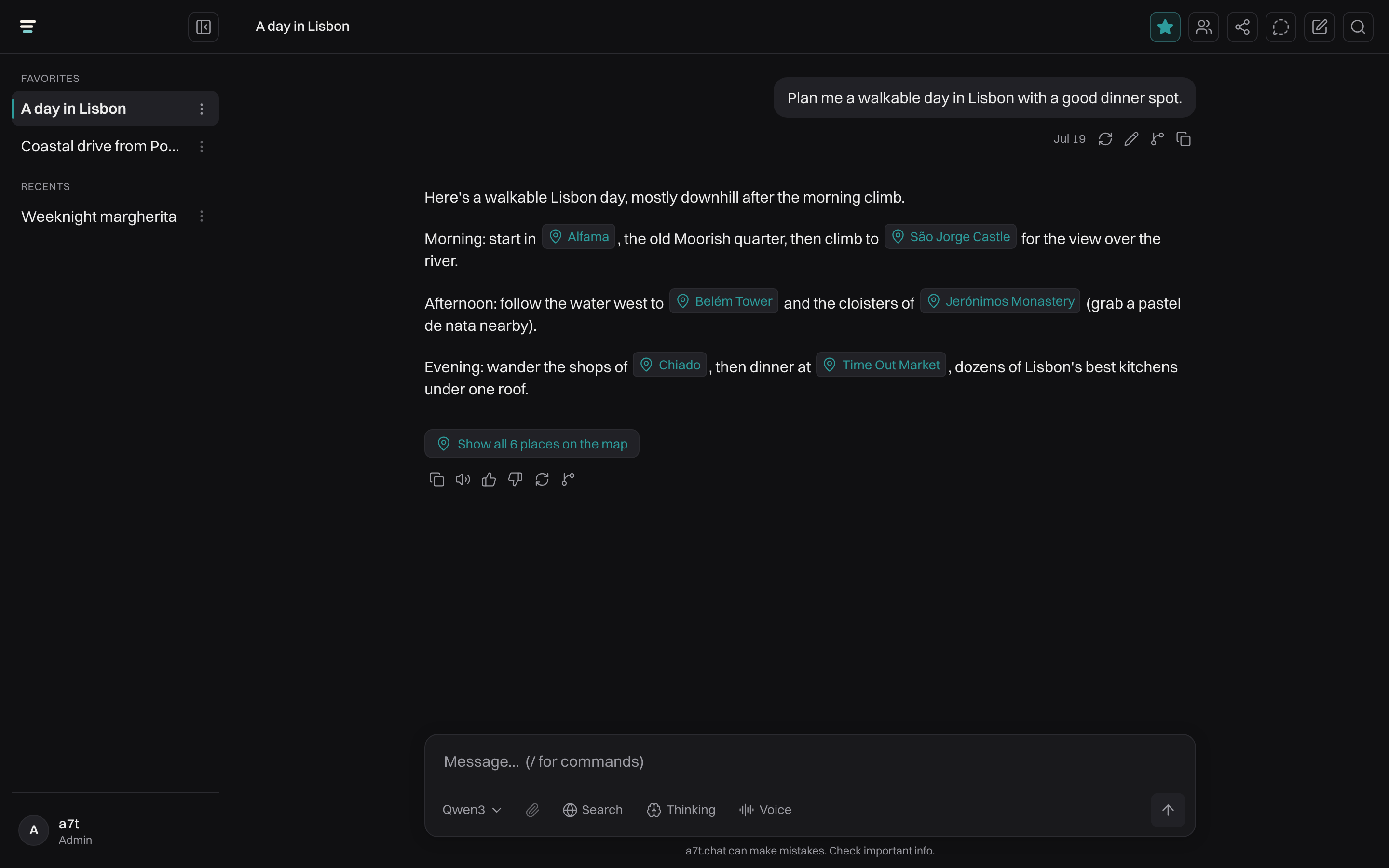 a7t.chat's sidebar with a Favorites group pinned above the recent chats, holding the starred conversations someone keeps returning to.