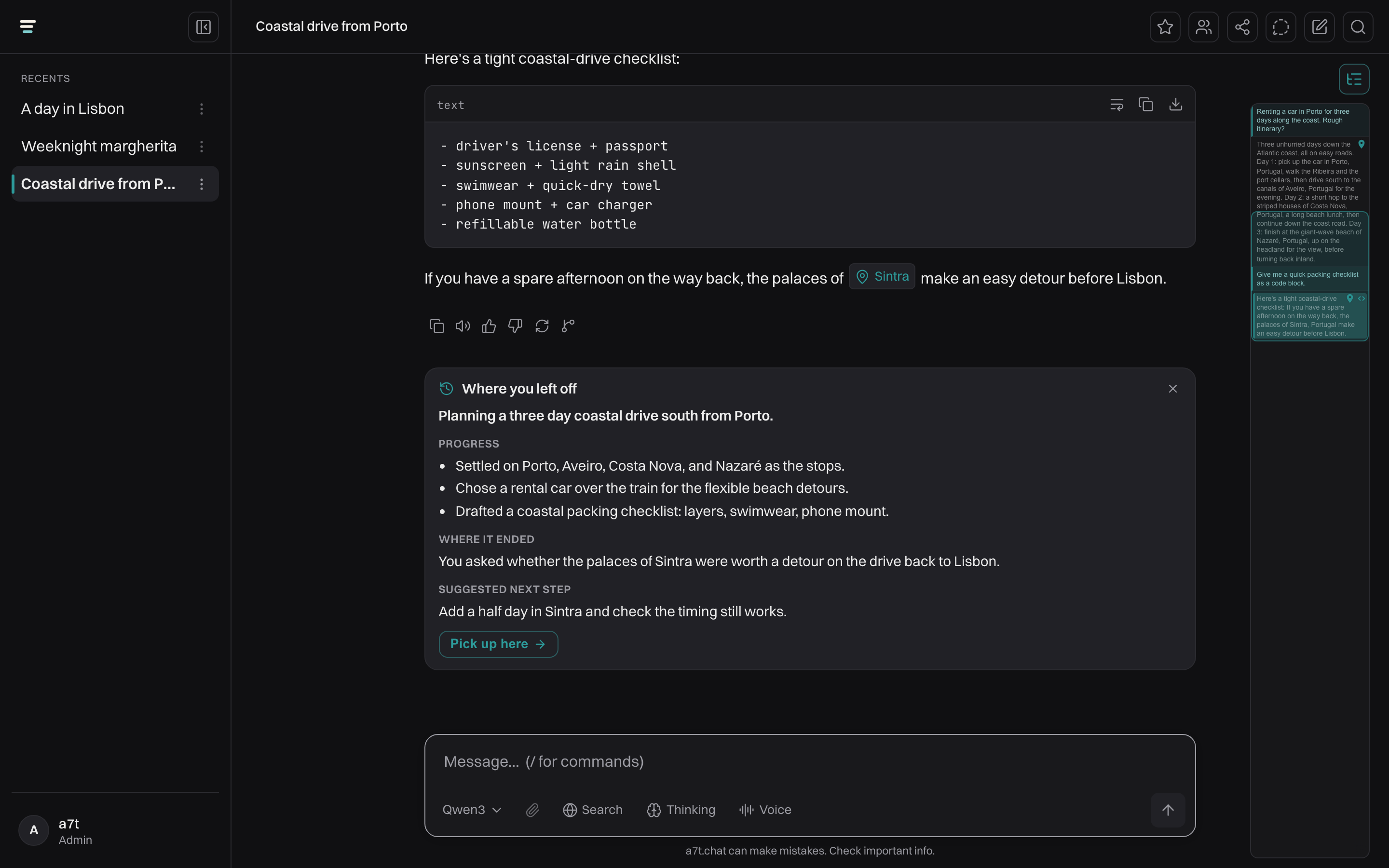 a7t.chat opening an older conversation with a recap: a short summary of what you were working on, where it left off, and a suggested next step to resume into.
