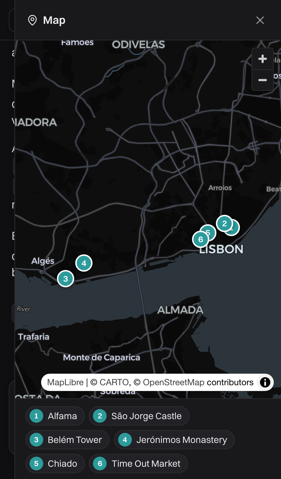 a7t.chat on a phone: the map panel rendered full width with numbered place pins.