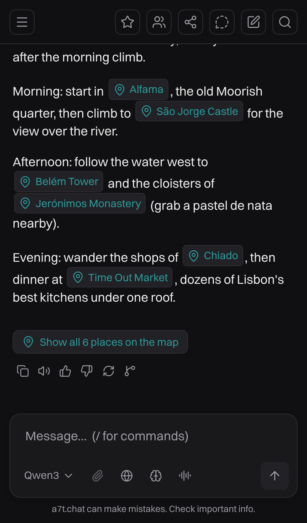 a7t.chat on a phone: a Lisbon day plan reply with tappable place chips.