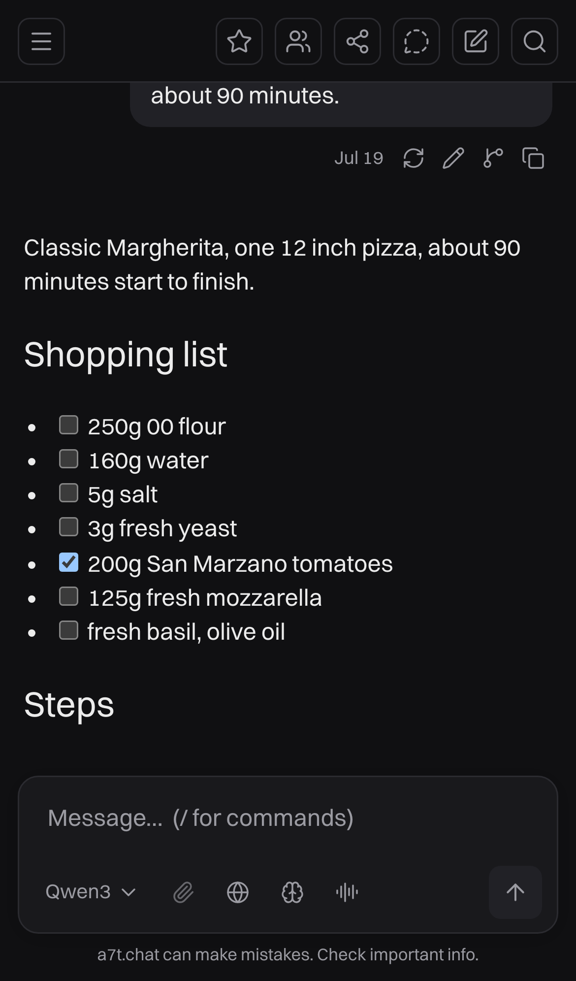 a7t.chat on a phone: a recipe as a checkable shopping list.