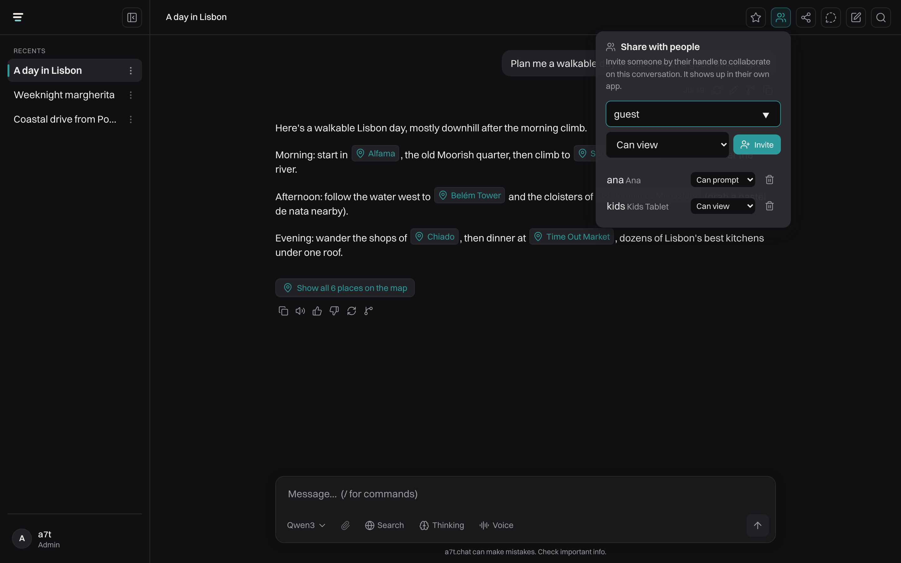 The a7t.chat share panel: inviting a household member by their handle, with a role dropdown set to view, prompt, or edit, and the people already on the conversation listed below.