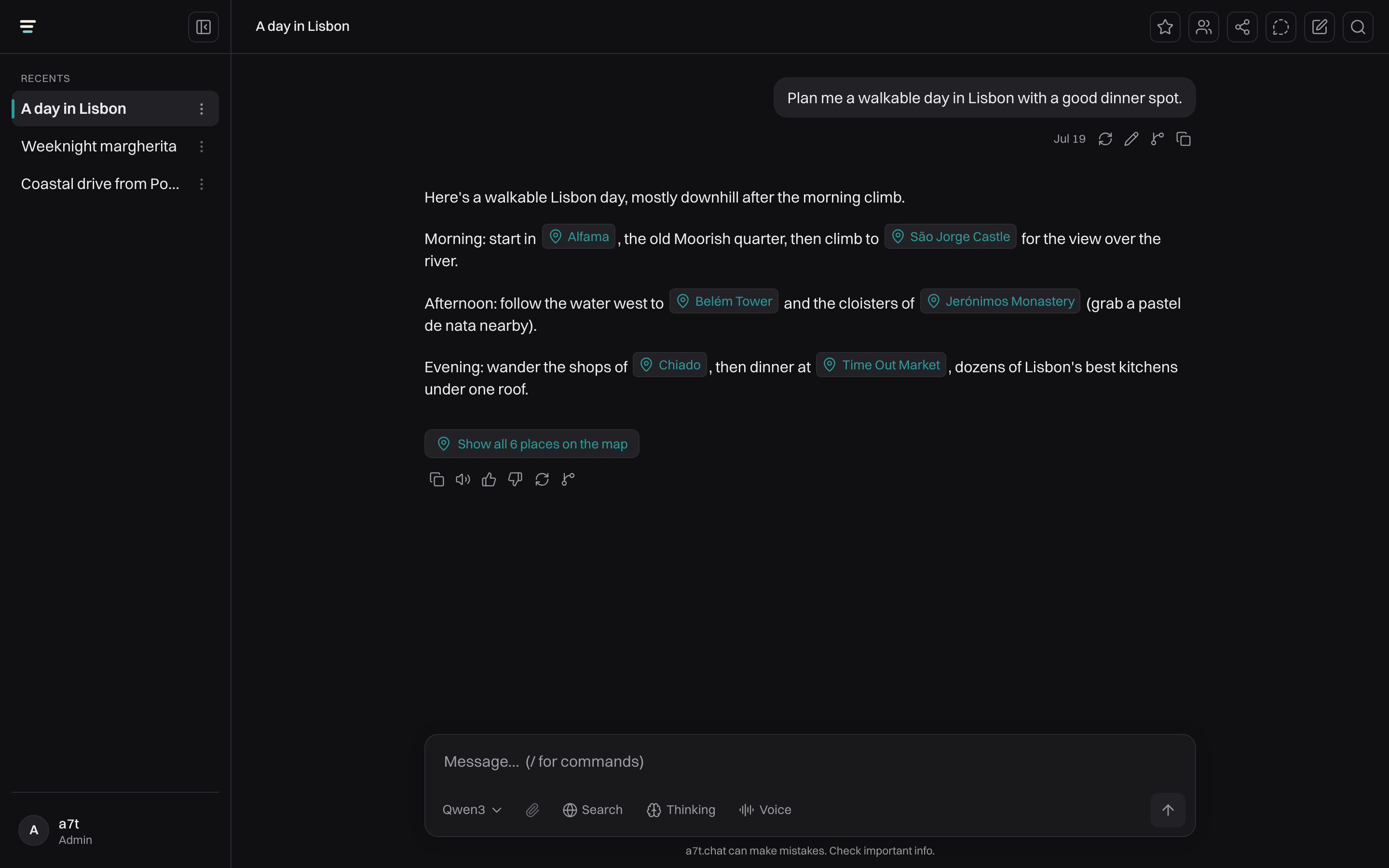 a7t.chat in a dark charcoal theme, showing a Lisbon day-plan conversation.