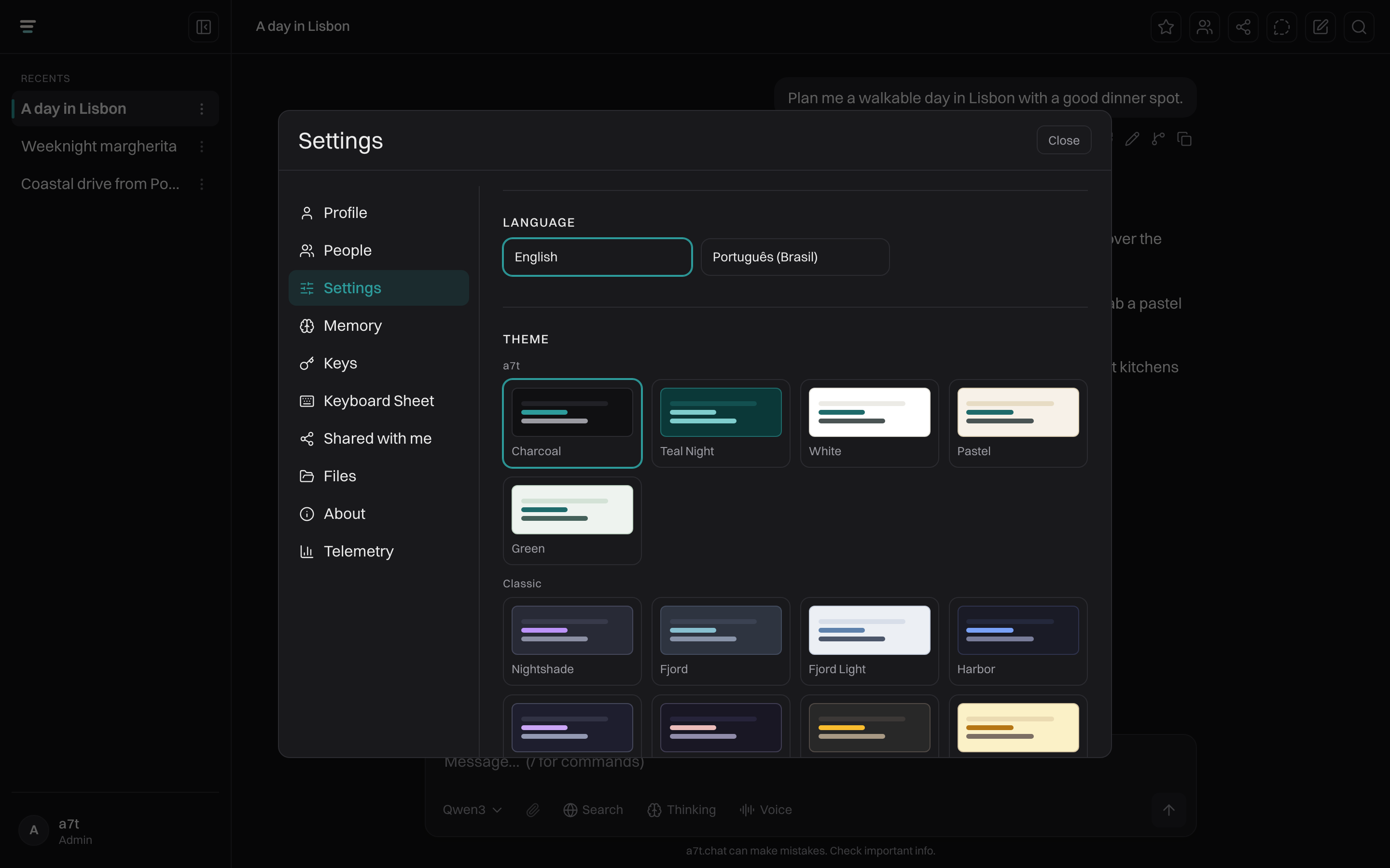 a7t.chat's theme picker: a grid of theme swatches to choose from in settings.