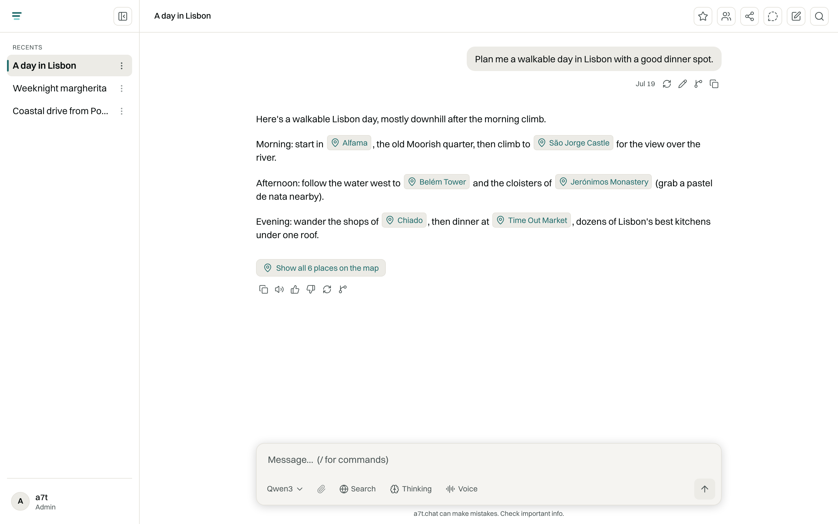 a7t.chat in a light white theme, showing the same Lisbon day-plan conversation.